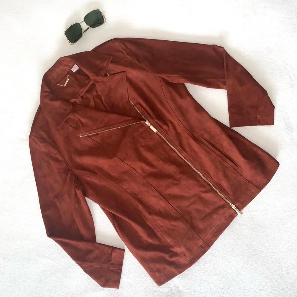 CHICO’S Faux Suede Long Double-Zip Moto Jacket Whiskey color size 2X GORGEOUS - Picture 2 of 16